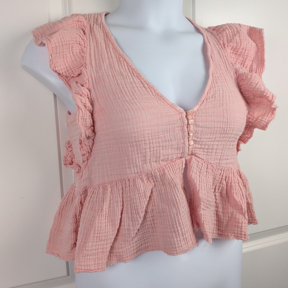 Cropped Flutter Romantic Baby Pink Cotton Gauze Ruffle Peplum Crop Top Small